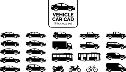 Obraz premium Vehicle Car CAD Elevation Silhouette Set Black White Architecture Technical Vector Illustration