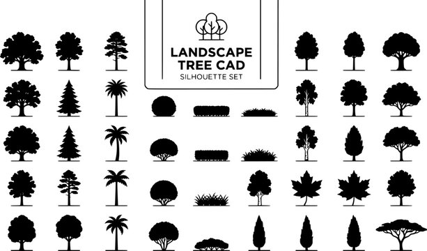 Landscape Tree Plant CAD Elevation Silhouette Set Black White Architecture Vector Illustration