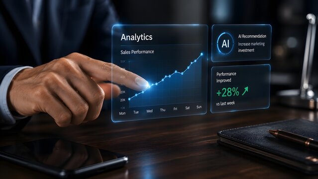 Business analytics dashboard with sales growth chart and ai recommendation display