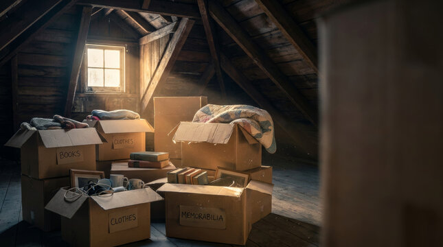 Organized cardboard boxes in attic with sunlight, symbolizing decluttering and memory keeping