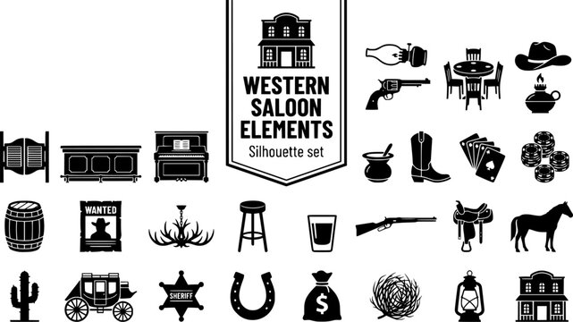 Western Saloon Interior Elements Silhouette Set Black White Vintage Bundle Vector Illustration