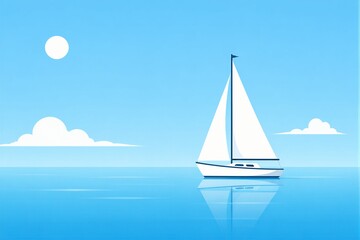 Fototapeta premium A sailboat glides over calm water on a bright day. The sun shines in the sky, and clouds float by. The scene shows a sense of leisure and open space.