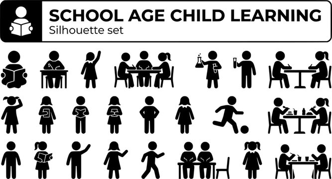 School Age Child Learning Silhouette Set Black White Education Bundle Vector Illustration Isolated White Background
