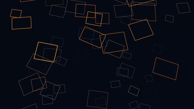Abstract geometric squares in orange and blue on dark background, tech concept