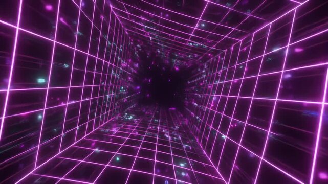 Retro grid tunnel with glowing particles during a futuristic digital journey