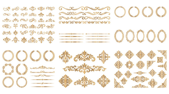 Golden heraldic emblems and circular wreaths set design.