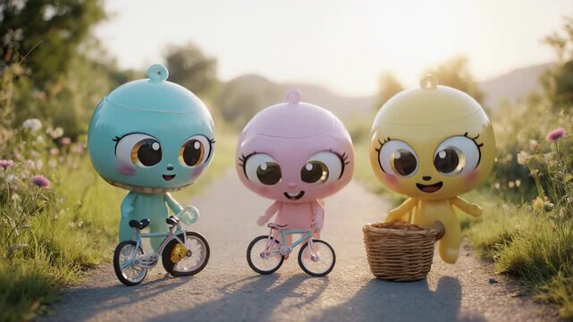 Blue pink yellow minion bicycle ride spring meadow animation