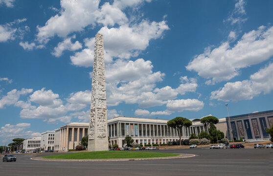 EUR marble Obelisk in the centre of&nbsp;Piazza Guglielmo Marconi&nbsp;dedicated to the Italian inventor and Nobel&nbsp;prize winner,&nbsp;Guglielmo Giovanni Maria Marconi. Rome, Italy - July 4, 2026.