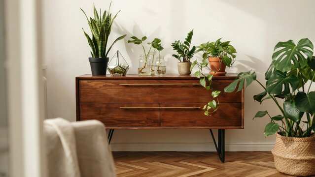Various vibrant green potted houseplants arranged beautifully on a rustic wooden mid-century modern storage cabinet