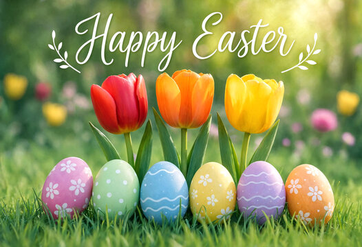 Colorful easter eggs and vibrant tulips in grass with happy easter greeting card design