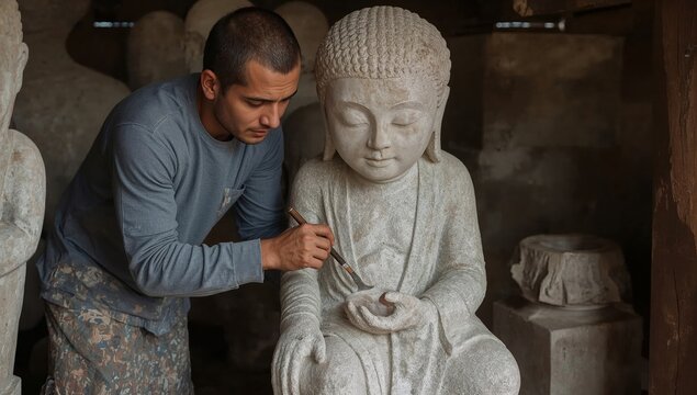 Craftsman Shapes Stone in Workshop in Asia During Day