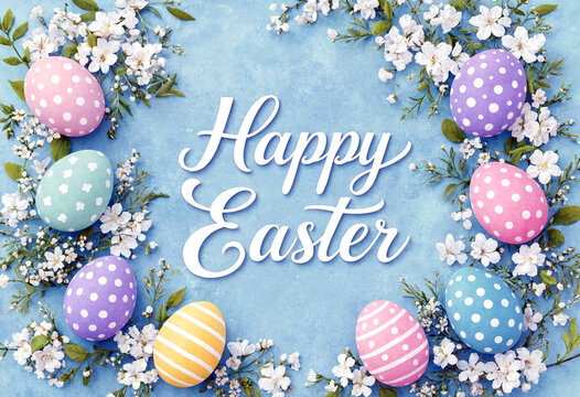 Colorful easter eggs and delicate flowers with happy easter greeting card design idea