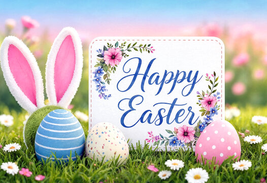 Colorful easter eggs with bunny ears and happy easter sign in a grassy floral garden scene