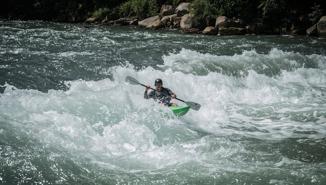 Kayaker Navigates Fast River Waters on a Sunny Day Near Rocky Banks