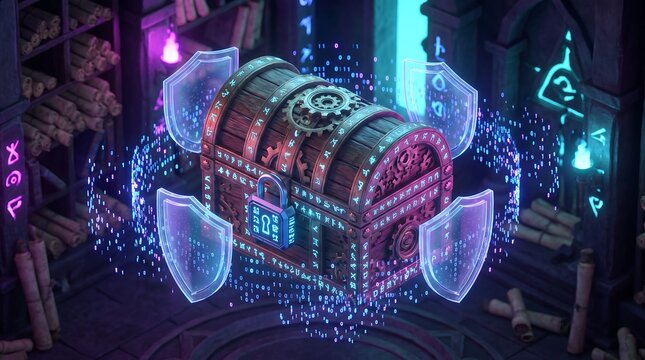 Futuristic fantasy safe box with holographic encryption and binary code.
