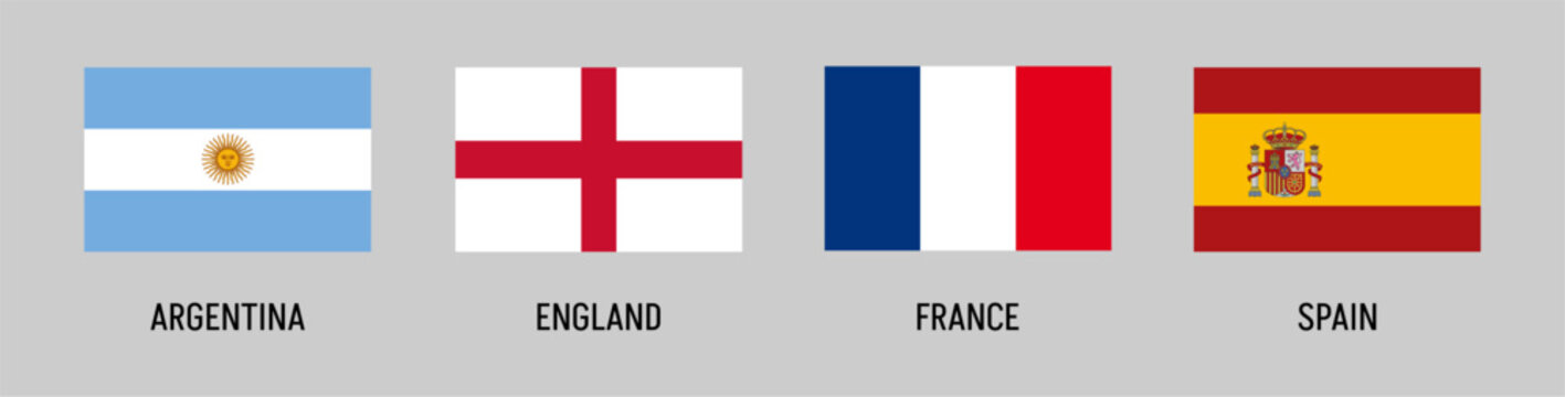Argentina, England, France, and Spain flags in rectangular badges set, national symbols collection, international countries icons, global identity vector illustration