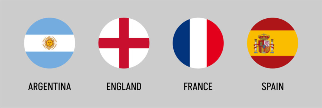 Argentina England France Spain flags in circular badges set, national symbols collection, international countries icons, global identity vector illustration