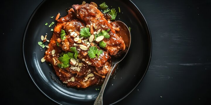Delicious, rich-colored stew with almonds and cilantro on a black plate, a spoon