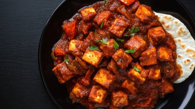 Close-up of paneer curry and naan on a black plate, shot from above