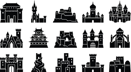 Naklejka premium black and white castle silhouettes for halloween or medieval themed designs