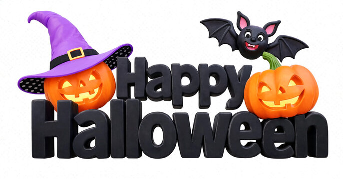 Colorful halloween greeting with jack o lanterns witch hat and cute bat illustration