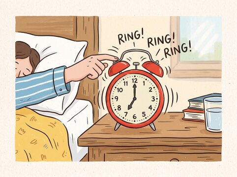 Man turning off red alarm clock on bedside table in bedroom morning routine illustration