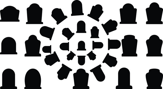 Black silhouettes of tombstones arranged in a circular pattern on a white background