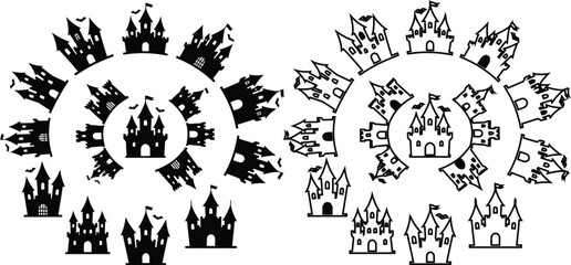 Black and white medieval castles and fortresses in a sunburst design for Halloween © MD Din Islam