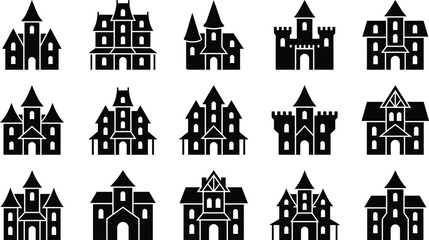 black and white clip art of various haunted houses and castles for halloween © MD Din Islam