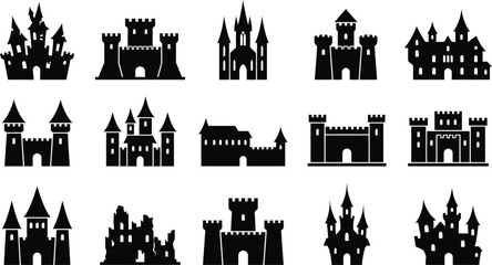 collection of black silhouette medieval castles and fortresses on white background © MD Din Islam