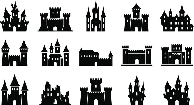 collection of black silhouette medieval castles and fortresses on white background