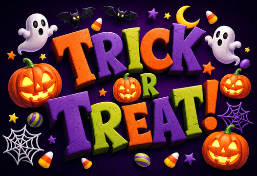 Colorful halloween trick or treat text with pumpkins ghosts and candy isolated design