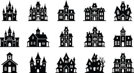 Naklejka premium Collection of spooky haunted house silhouettes for Halloween decorations and designs