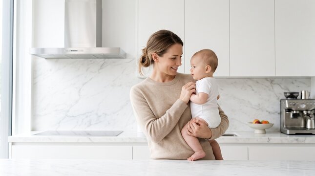 Smiling mother holding her infant baby in a bright modern kitchen with white marble interior, perfect for family bonding and domestic lifestyle themes.