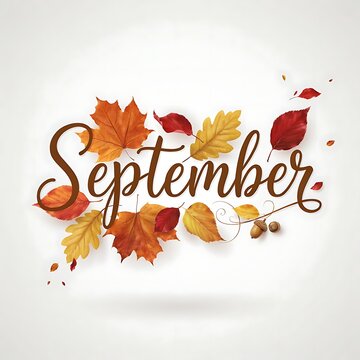 September month name with colorful autumn leaves and acorns graphic design element