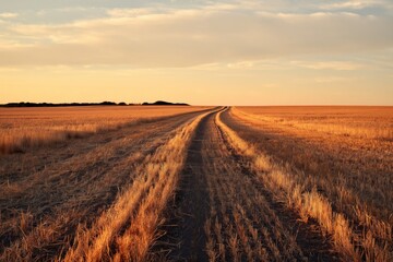 Fototapeta premium Golden field with dirt road at sunset under a partly cloudy sky stretching into distance
