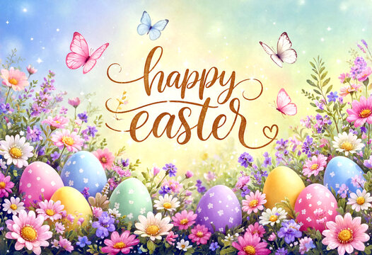 Colorful happy easter greeting card with flowers butterflies and decorated eggs in vibrant garden scene