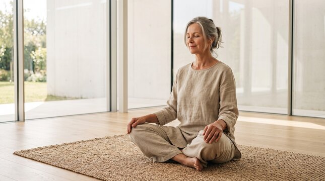 Peaceful mature woman with grey hair practicing mindfulness and meditation in a bright minimalist living room, ideal for wellness and healthy lifestyle concepts