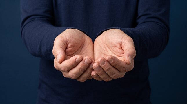 Close-up of male hands cupped together in a gesture of receiving or offering, ideal for concepts of charity, hope, support, and protection against a dark blue background.