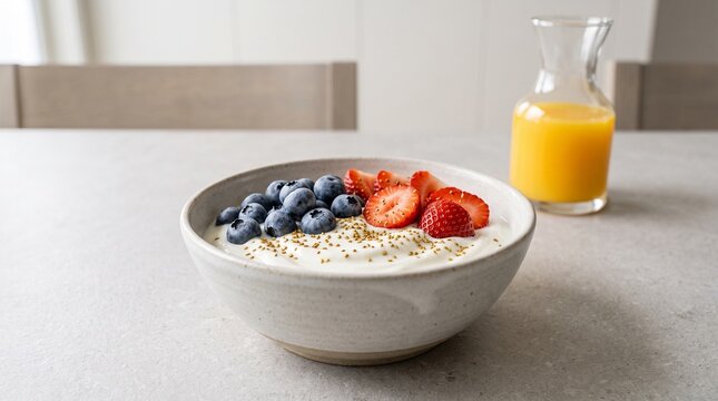 Nutritious Greek yogurt bowl topped with fresh blueberries and strawberries served alongside orange juice, perfect for healthy morning meal and wellness content.