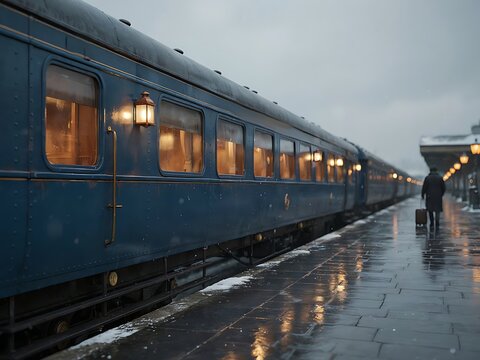 Blue train on platform with person and luggage on rainy day in evening