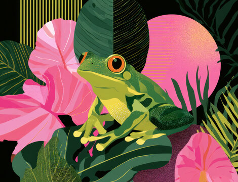Modern abstract green tree frog  illustration. Colorful pop art animal poster design with tropical leaves, pink geometric circles and striped lines background. Vibrant creative artwork.