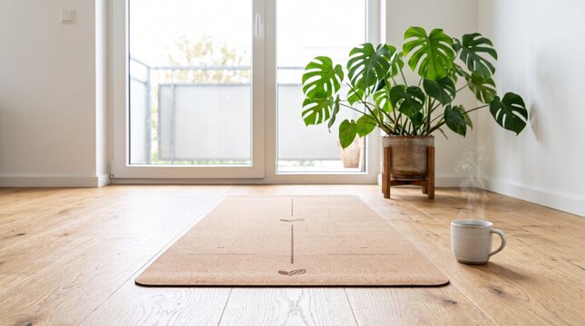 Sustainable cork yoga mat laid out on a sunlit wooden floor beside a Monstera plant and steaming mug, perfect for a peaceful home workout or meditation.