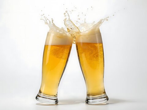 Two glasses of beer clinking together with splashing liquid and foam  celebration