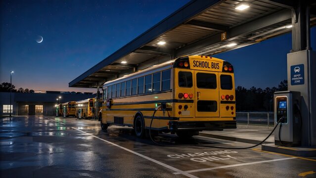 School bus charging overnight at a clean depot