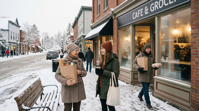 Multigenerational Winter Shopping on Snowy Main Street in a Small Town