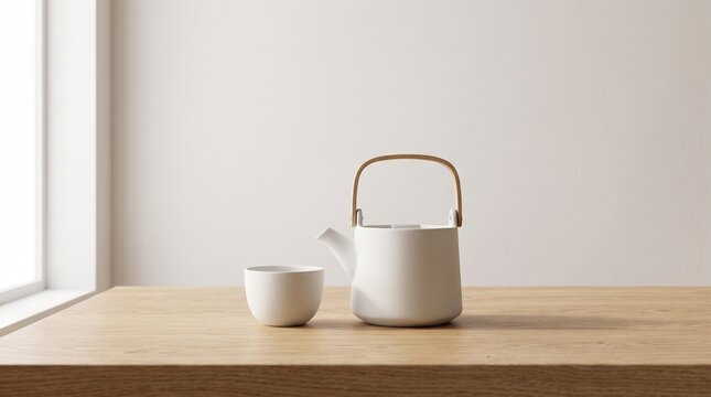Minimalist white matte ceramic teapot with wooden handle and matching cup on a natural wooden table by a window, ideal for Zen tea rituals and home relaxation.