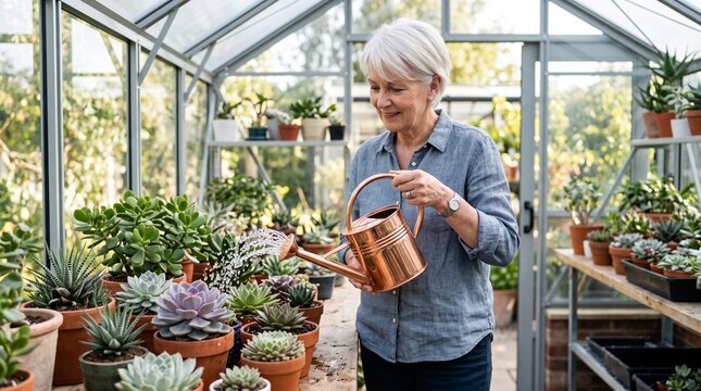 Happy senior woman watering succulent plants with a copper can in a sunny greenhouse, depicting a relaxing retirement hobby and sustainable lifestyle.