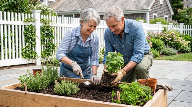 Happy senior couple planting organic basil and fresh herbs in a wooden raised garden bed, showcasing a healthy retirement lifestyle and sustainable home gardening activity in a