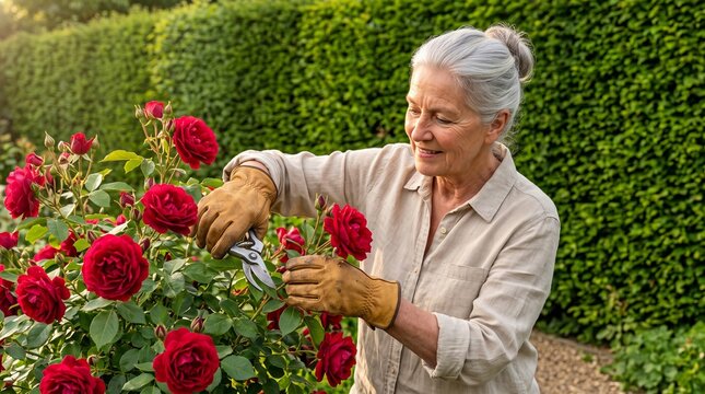 Happy senior woman with gray hair wearing leather gloves while pruning vibrant red rose bushes in a sunny garden, ideal for active retirement lifestyle content.
